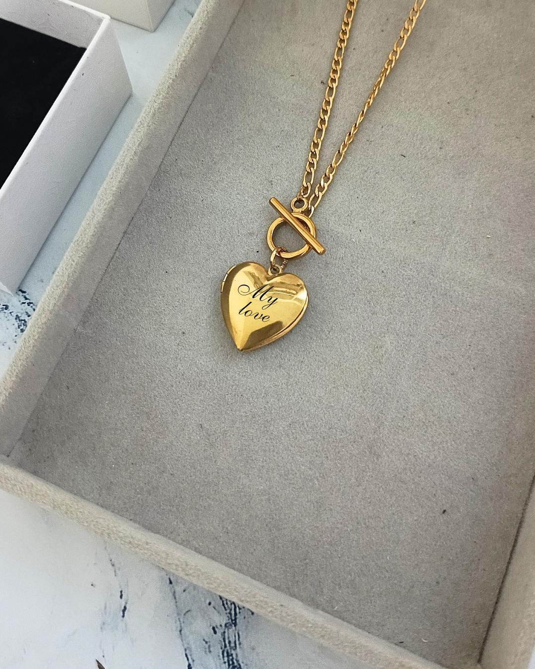 Engraved Heart Locket Toggle Necklace
